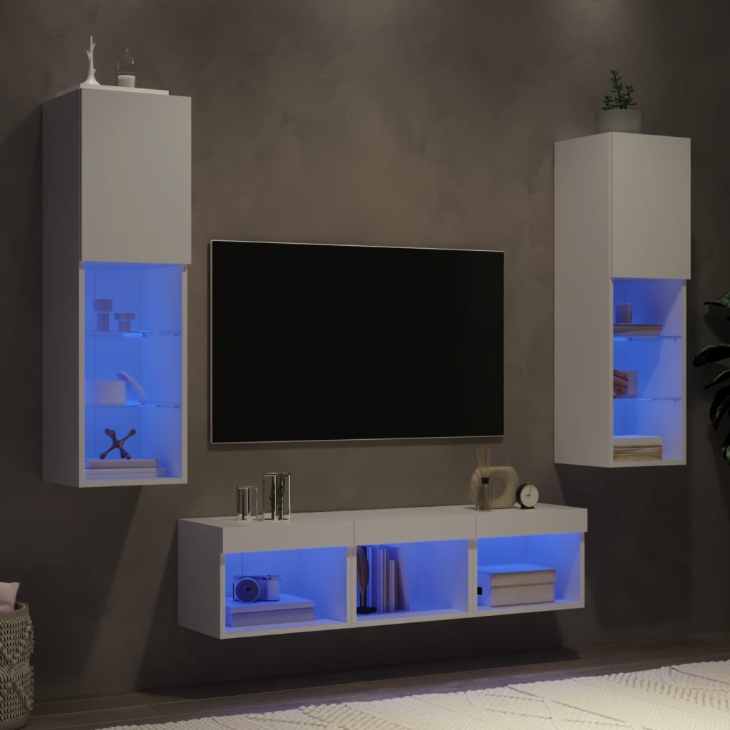 5-delige Tv-wandmeubelset met LED-verlichting bewerkt hout wit – afbeelding 1