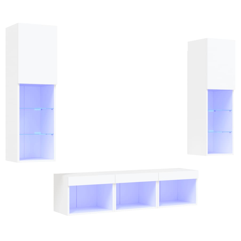 5-delige Tv-wandmeubelset met LED-verlichting bewerkt hout wit – afbeelding 2