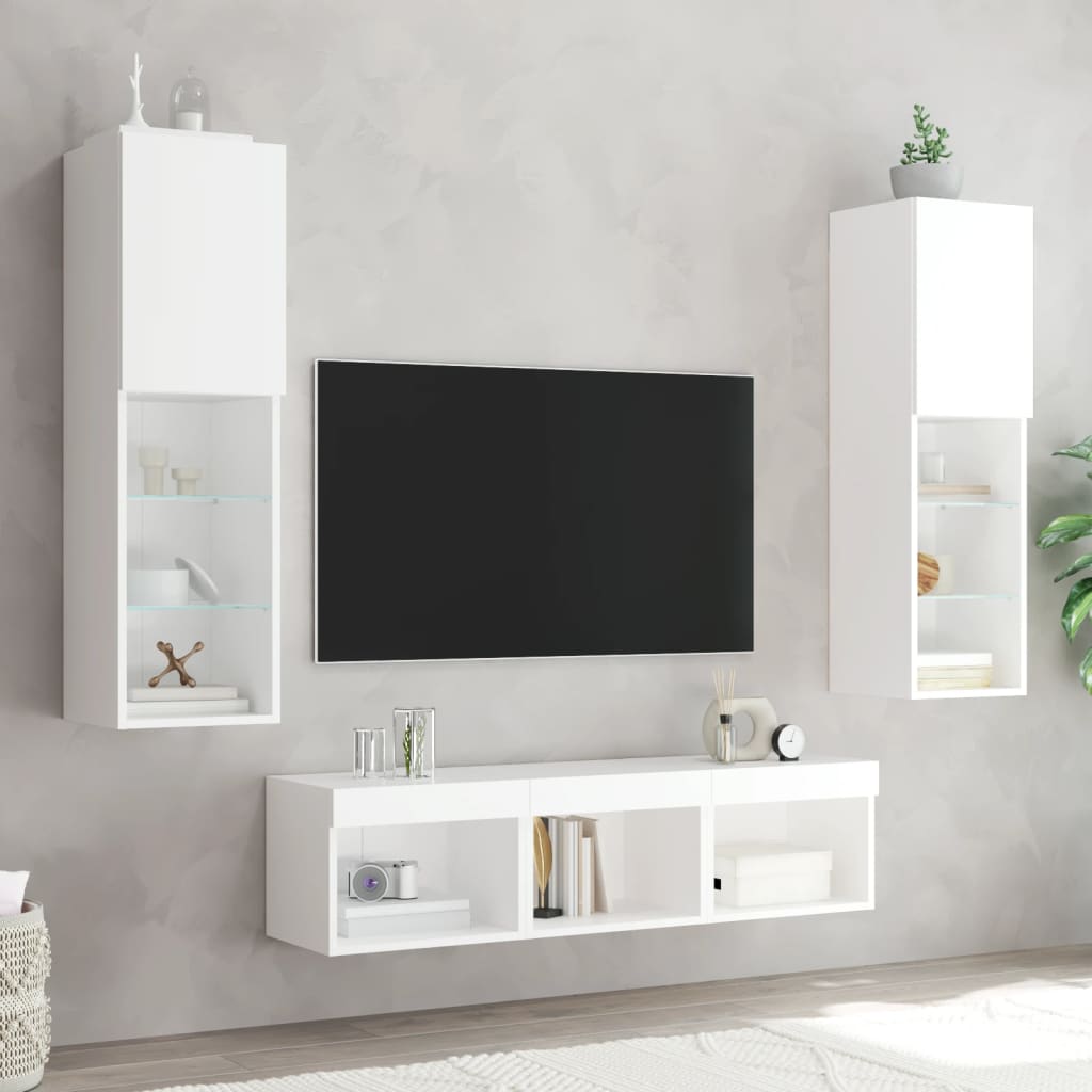 5-delige Tv-wandmeubelset met LED-verlichting bewerkt hout wit – afbeelding 3