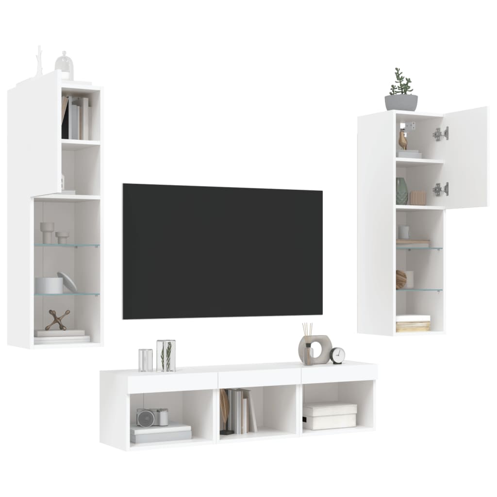 5-delige Tv-wandmeubelset met LED-verlichting bewerkt hout wit – afbeelding 4