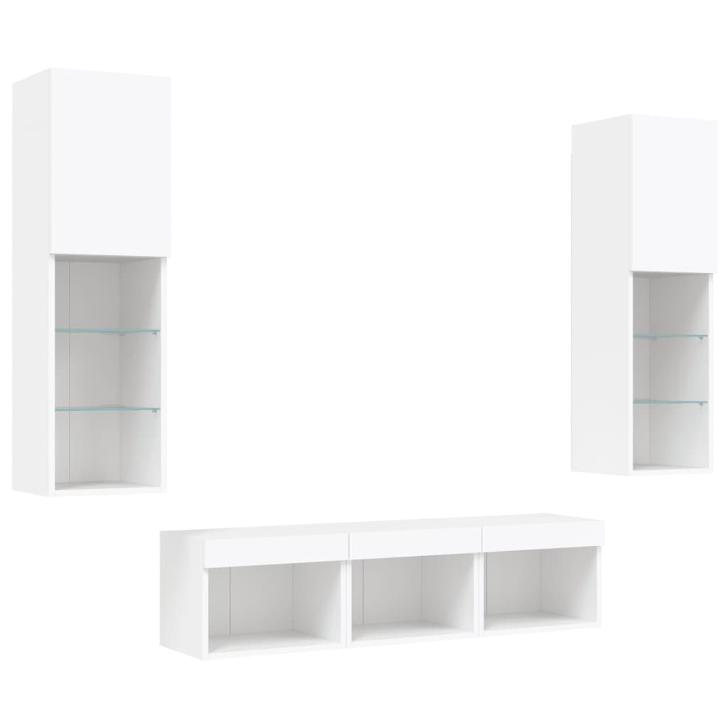 5-delige Tv-wandmeubelset met LED-verlichting bewerkt hout wit – afbeelding 5