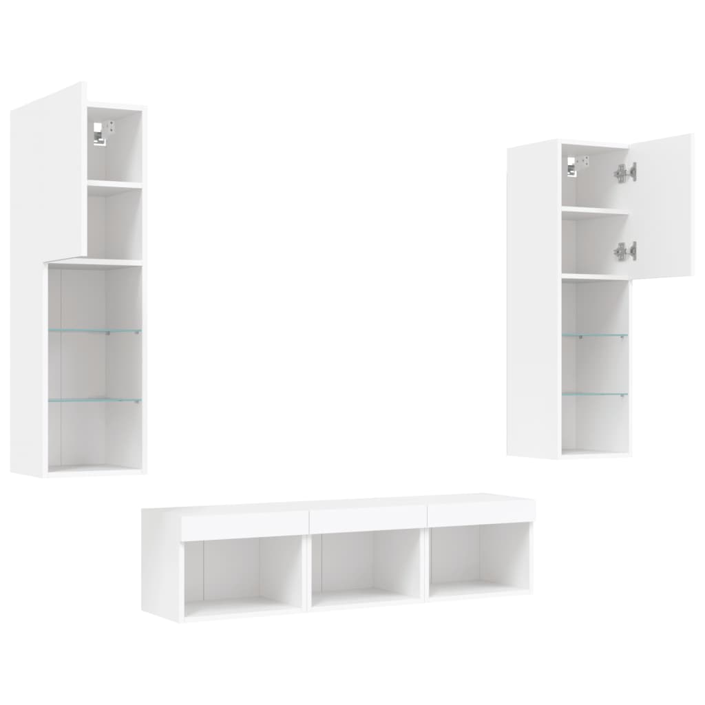5-delige Tv-wandmeubelset met LED-verlichting bewerkt hout wit – afbeelding 6