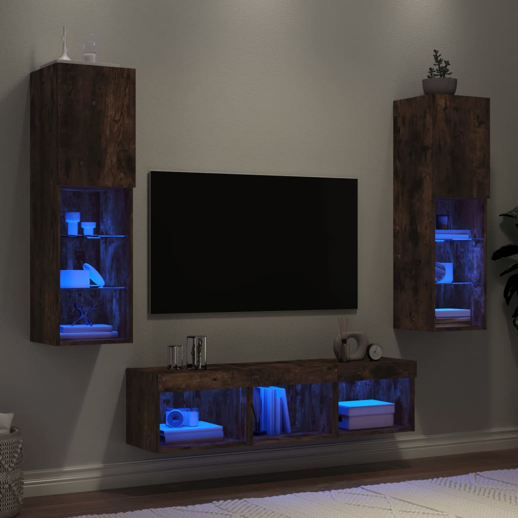 5-delige tv-wandmeubelset met LED bewerkt hout gerookt eiken – afbeelding 1