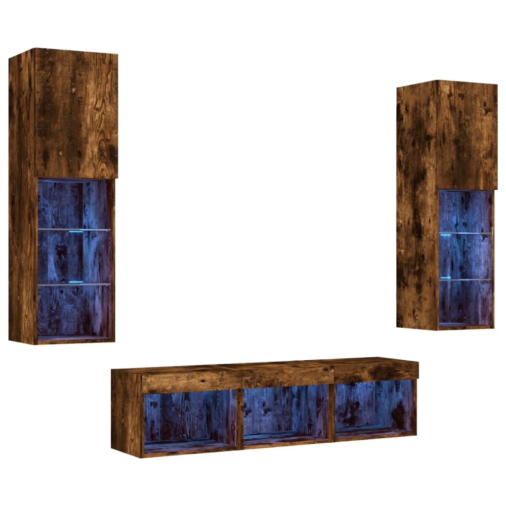 5-delige tv-wandmeubelset met LED bewerkt hout gerookt eiken – afbeelding 2