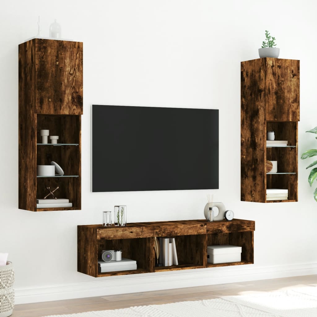 5-delige tv-wandmeubelset met LED bewerkt hout gerookt eiken – afbeelding 3