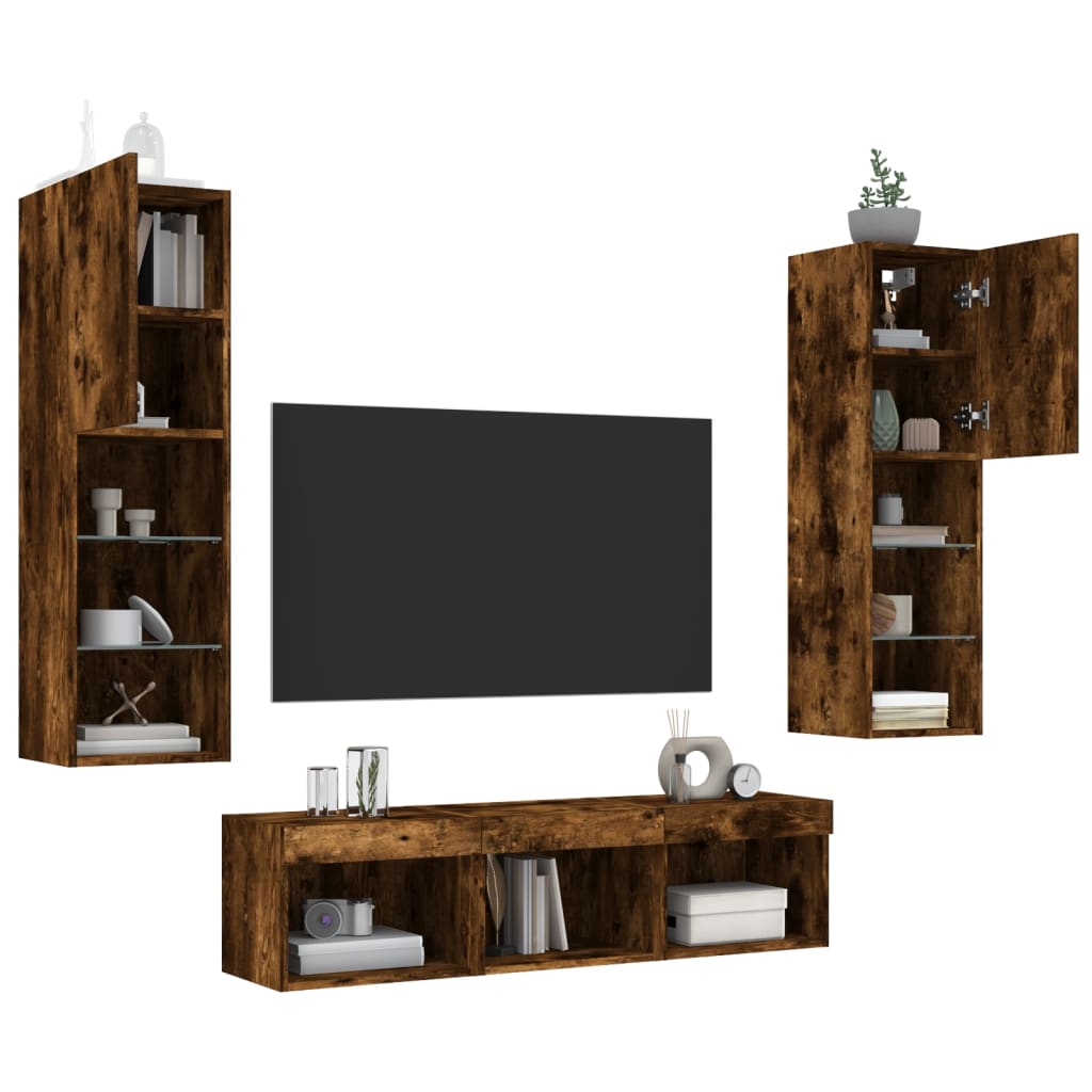5-delige tv-wandmeubelset met LED bewerkt hout gerookt eiken – afbeelding 4