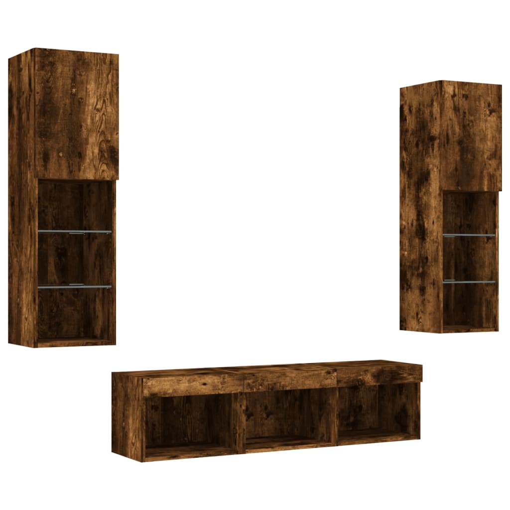 5-delige tv-wandmeubelset met LED bewerkt hout gerookt eiken – afbeelding 5