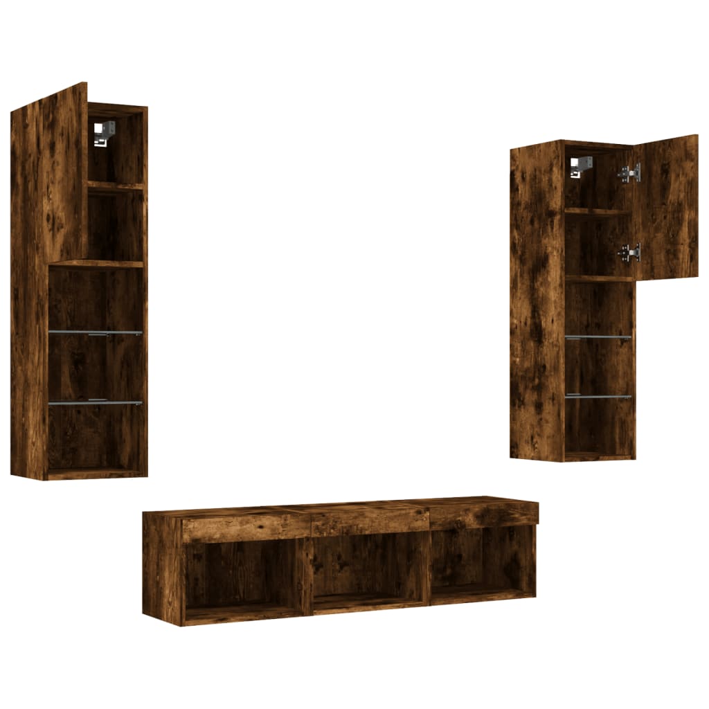 5-delige tv-wandmeubelset met LED bewerkt hout gerookt eiken – afbeelding 6