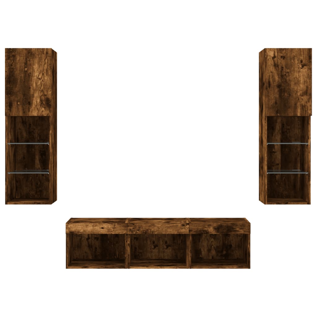 5-delige tv-wandmeubelset met LED bewerkt hout gerookt eiken – afbeelding 7