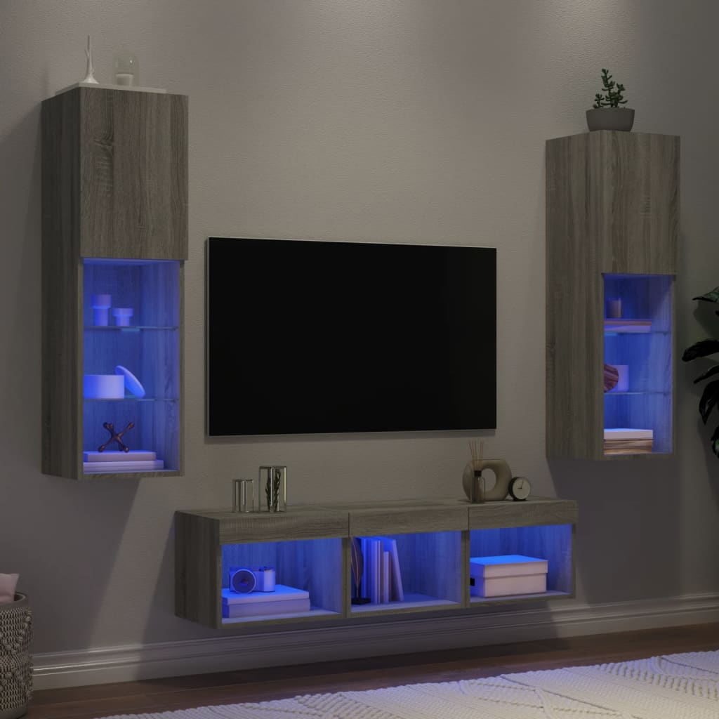 5-delige Tv-wandmeubelset met LED grijs sonoma eikenkleurig – afbeelding 1