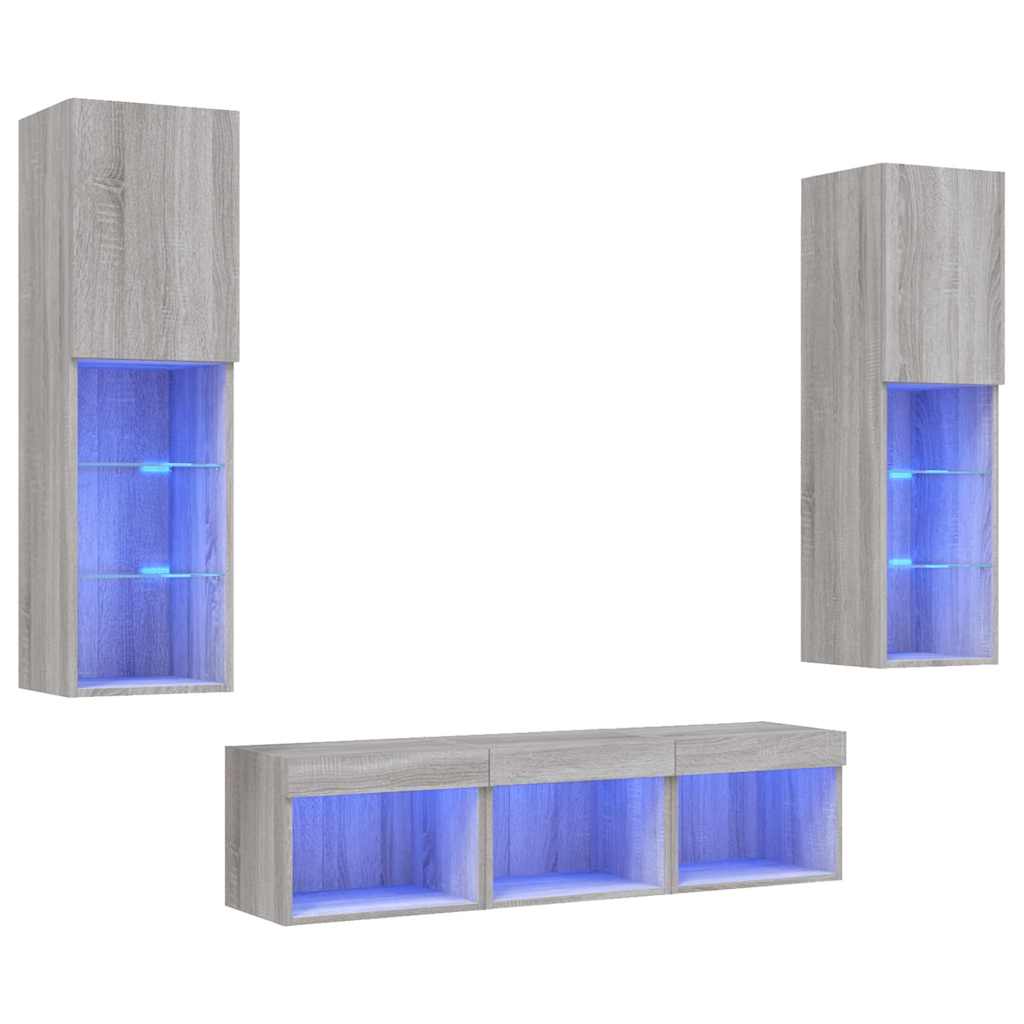 5-delige Tv-wandmeubelset met LED grijs sonoma eikenkleurig – afbeelding 2
