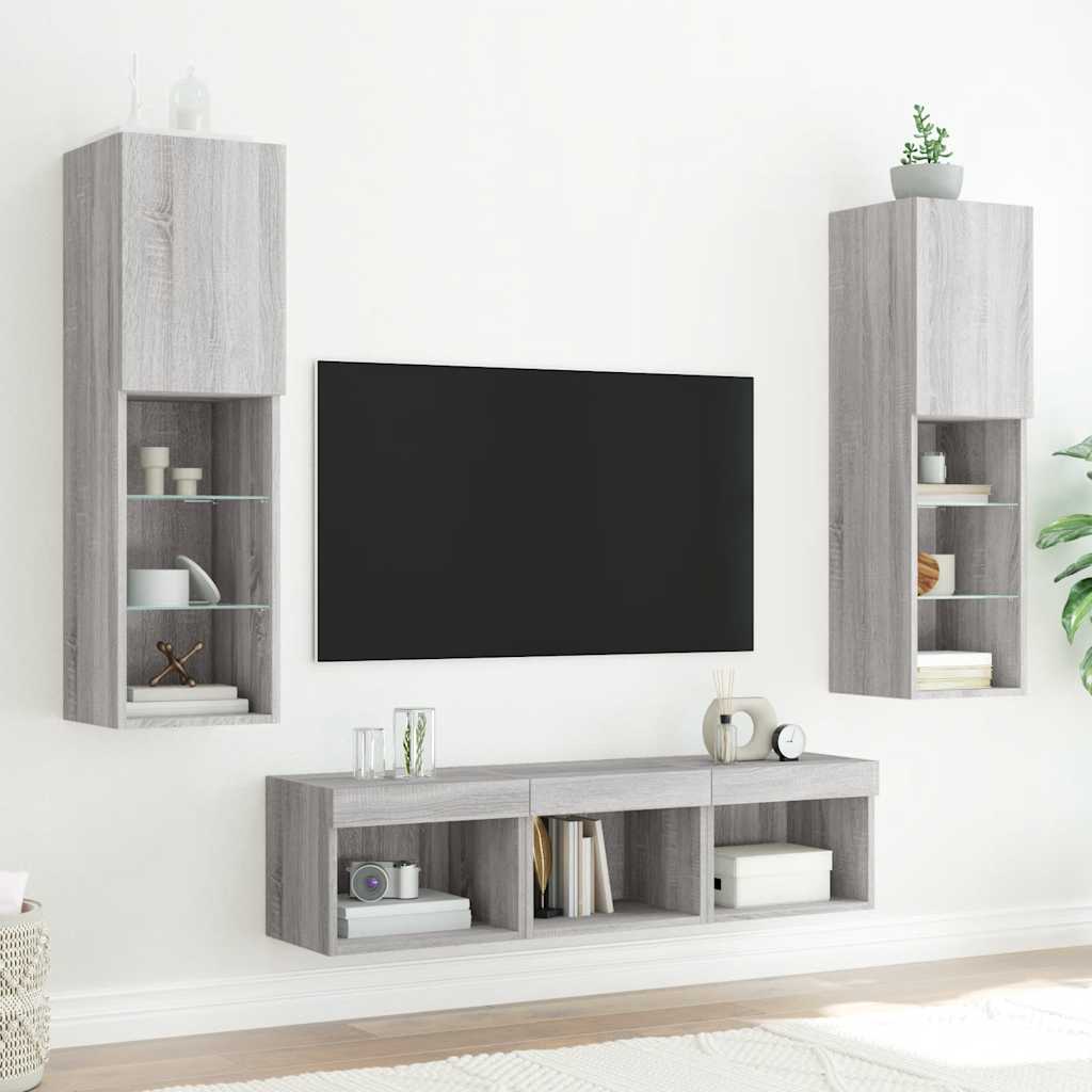 5-delige Tv-wandmeubelset met LED grijs sonoma eikenkleurig – afbeelding 3