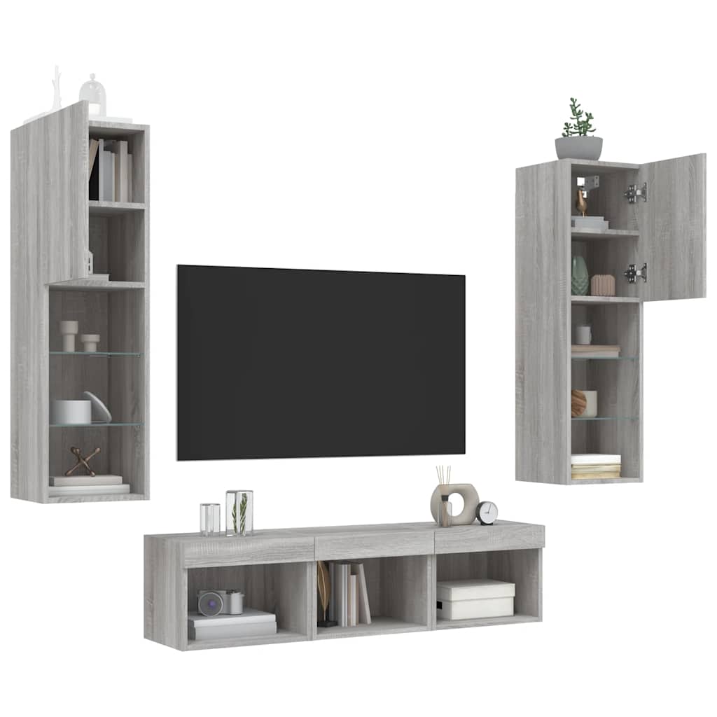 5-delige Tv-wandmeubelset met LED grijs sonoma eikenkleurig – afbeelding 4