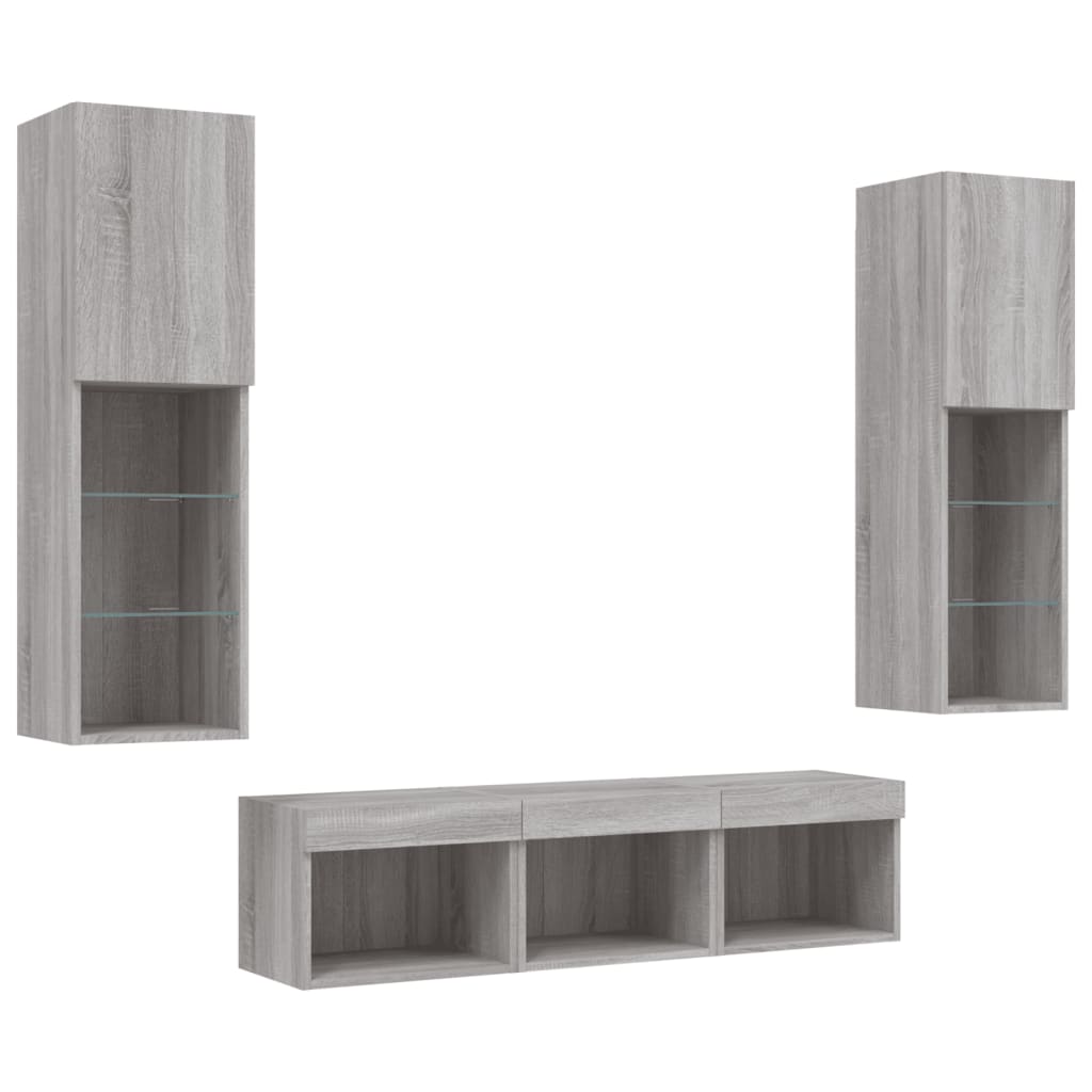 5-delige Tv-wandmeubelset met LED grijs sonoma eikenkleurig – afbeelding 5