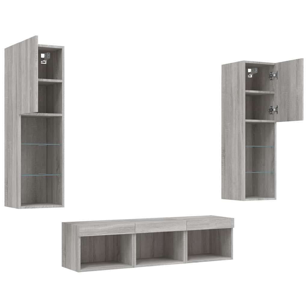 5-delige Tv-wandmeubelset met LED grijs sonoma eikenkleurig – afbeelding 6