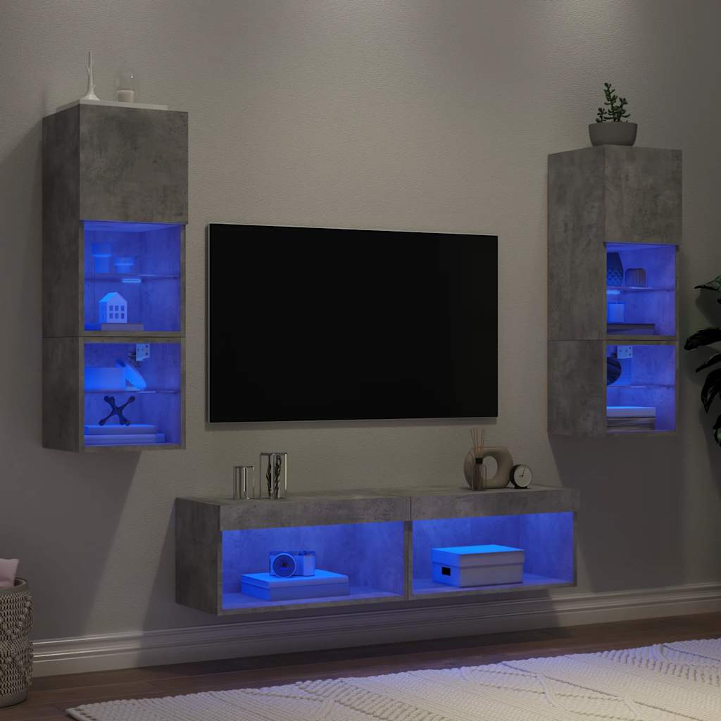 6-delige Tv-wandmeubelset met LED bewerkt hout betongrijs – afbeelding 1