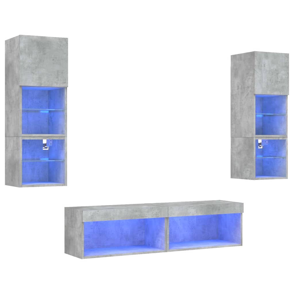 6-delige Tv-wandmeubelset met LED bewerkt hout betongrijs – afbeelding 2