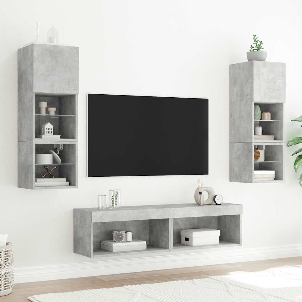 6-delige Tv-wandmeubelset met LED bewerkt hout betongrijs – afbeelding 3