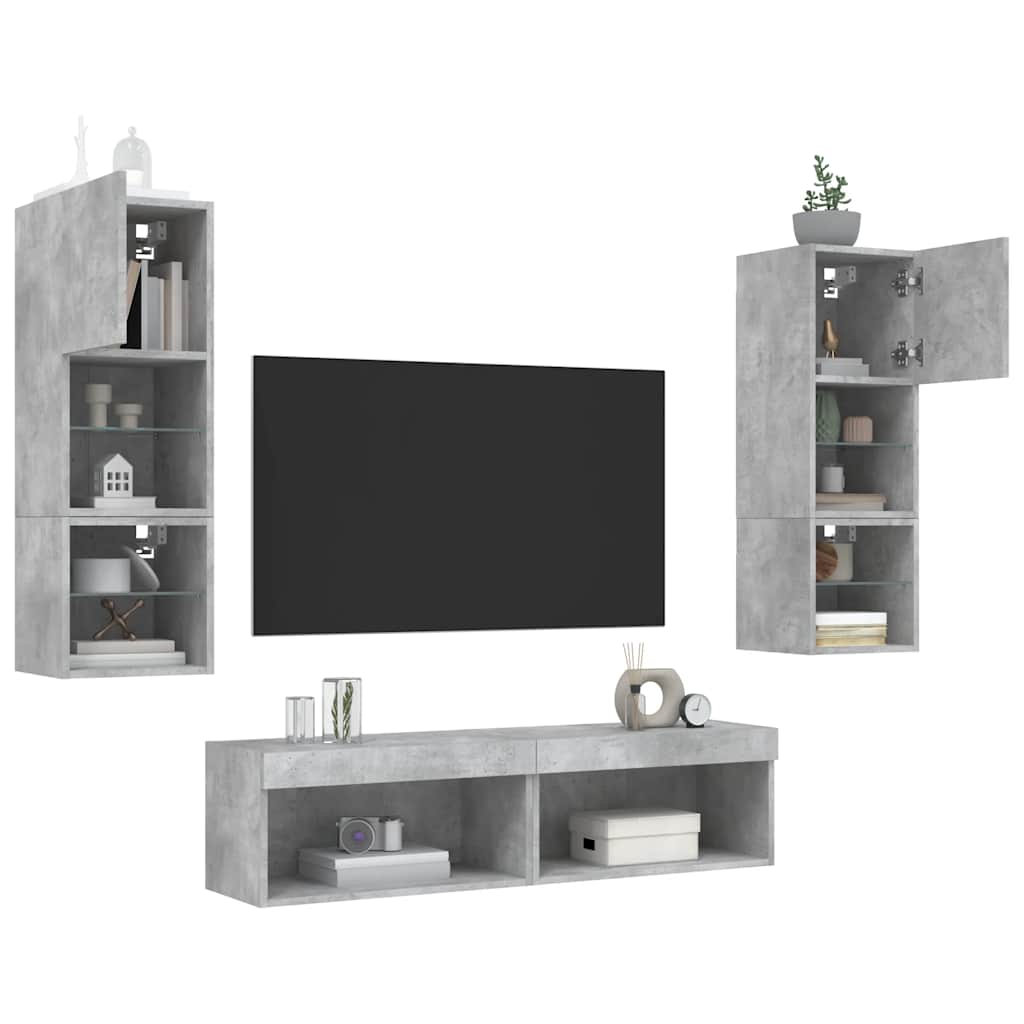 6-delige Tv-wandmeubelset met LED bewerkt hout betongrijs – afbeelding 4