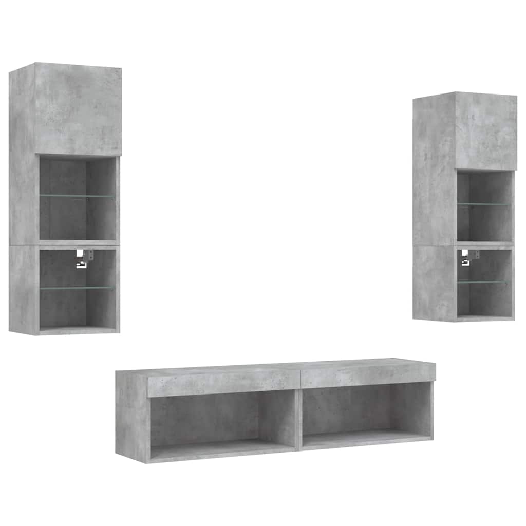6-delige Tv-wandmeubelset met LED bewerkt hout betongrijs – afbeelding 5