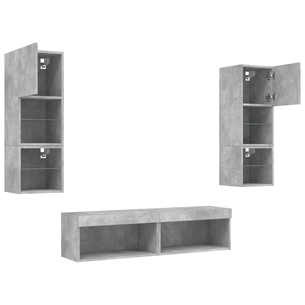 6-delige Tv-wandmeubelset met LED bewerkt hout betongrijs – afbeelding 6