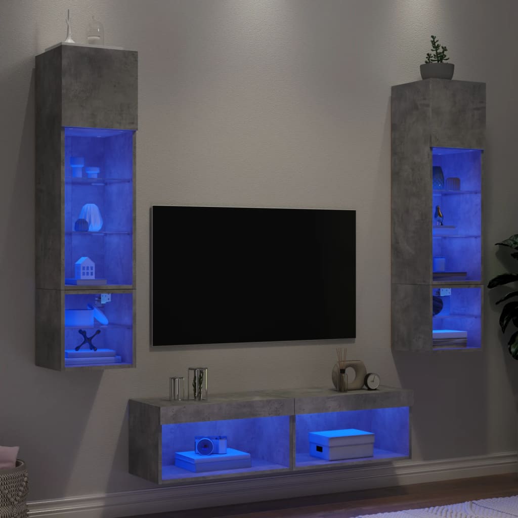 6-delige Tv-wandmeubelset met LED bewerkt hout betongrijs – afbeelding 1