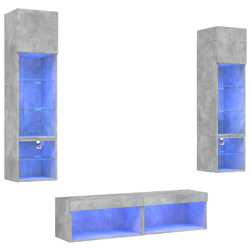 6-delige Tv-wandmeubelset met LED bewerkt hout betongrijs – afbeelding 2