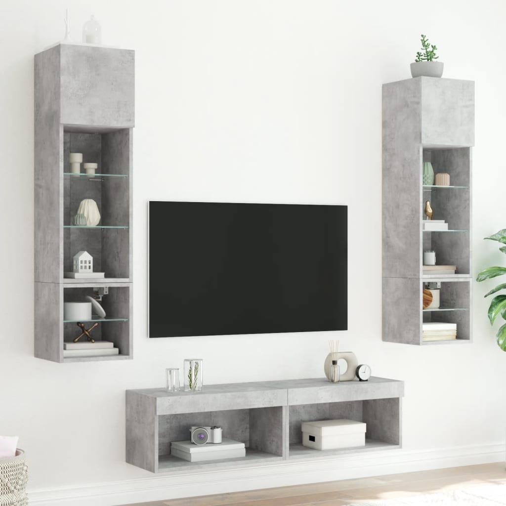 6-delige Tv-wandmeubelset met LED bewerkt hout betongrijs – afbeelding 3