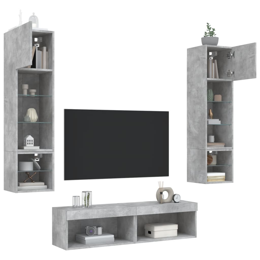 6-delige Tv-wandmeubelset met LED bewerkt hout betongrijs – afbeelding 4