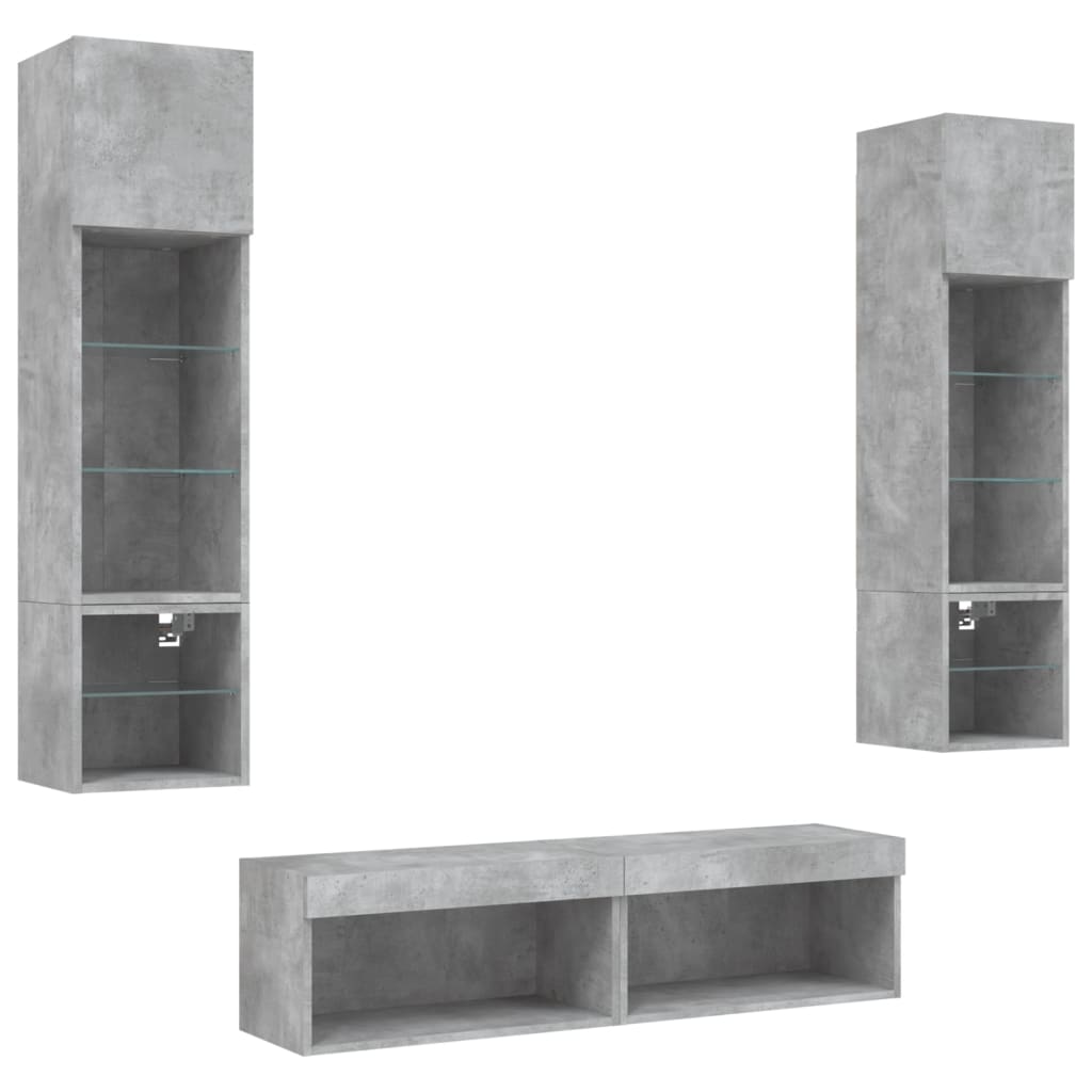 6-delige Tv-wandmeubelset met LED bewerkt hout betongrijs – afbeelding 5