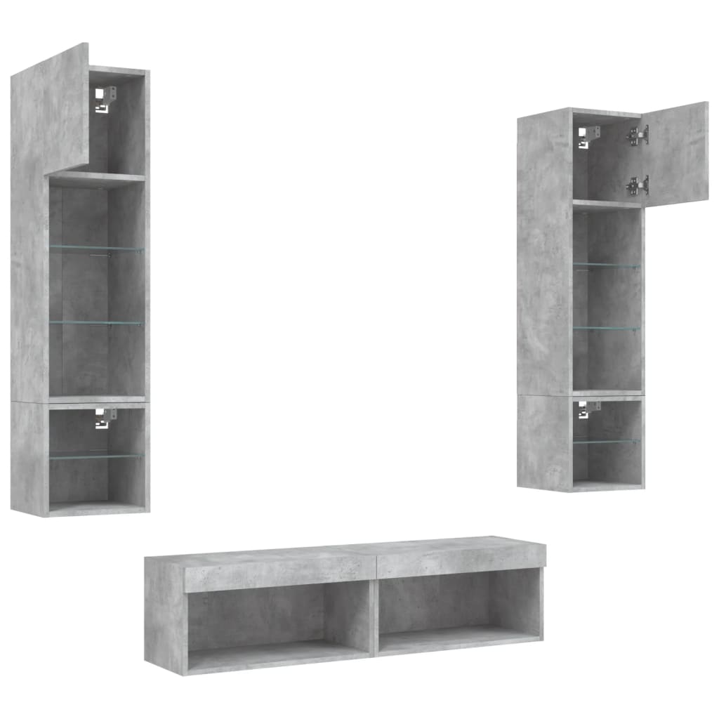 6-delige Tv-wandmeubelset met LED bewerkt hout betongrijs – afbeelding 6