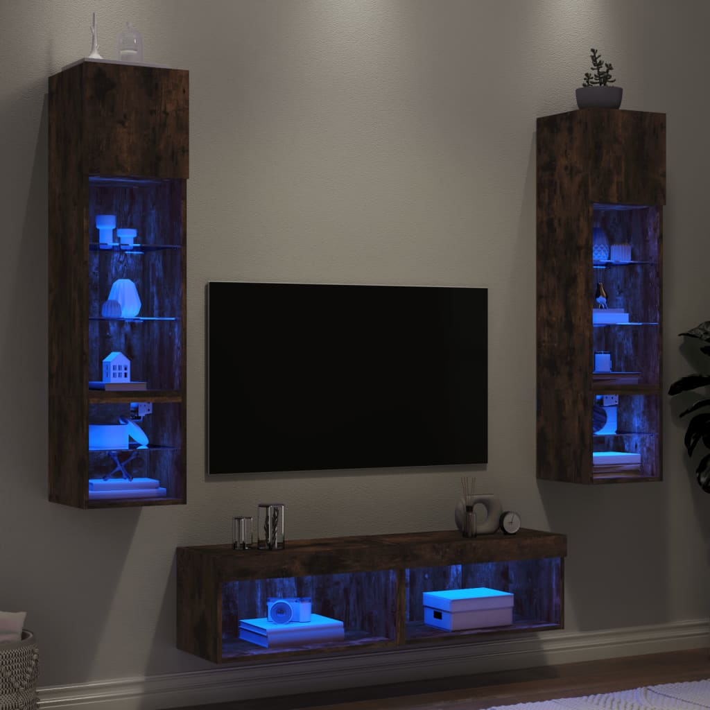 6-delige tv-wandmeubelset met LED bewerkt hout gerookt eiken – afbeelding 1
