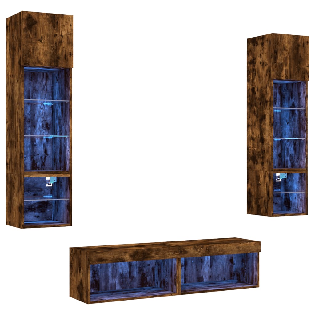 6-delige tv-wandmeubelset met LED bewerkt hout gerookt eiken – afbeelding 2