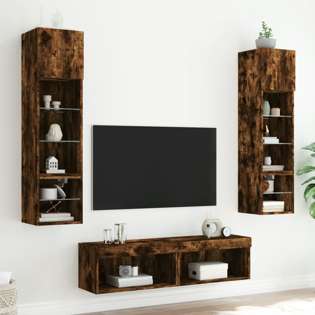6-delige tv-wandmeubelset met LED bewerkt hout gerookt eiken – afbeelding 3