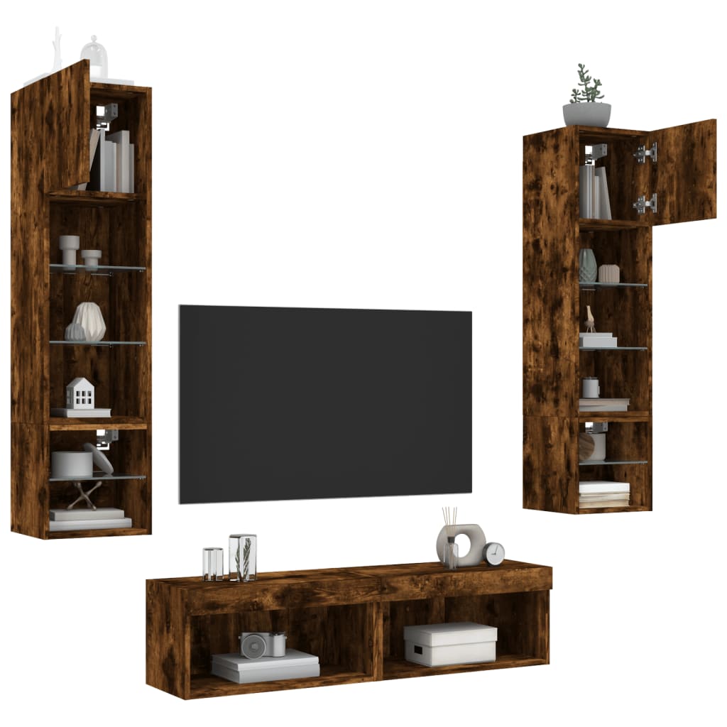 6-delige tv-wandmeubelset met LED bewerkt hout gerookt eiken – afbeelding 4