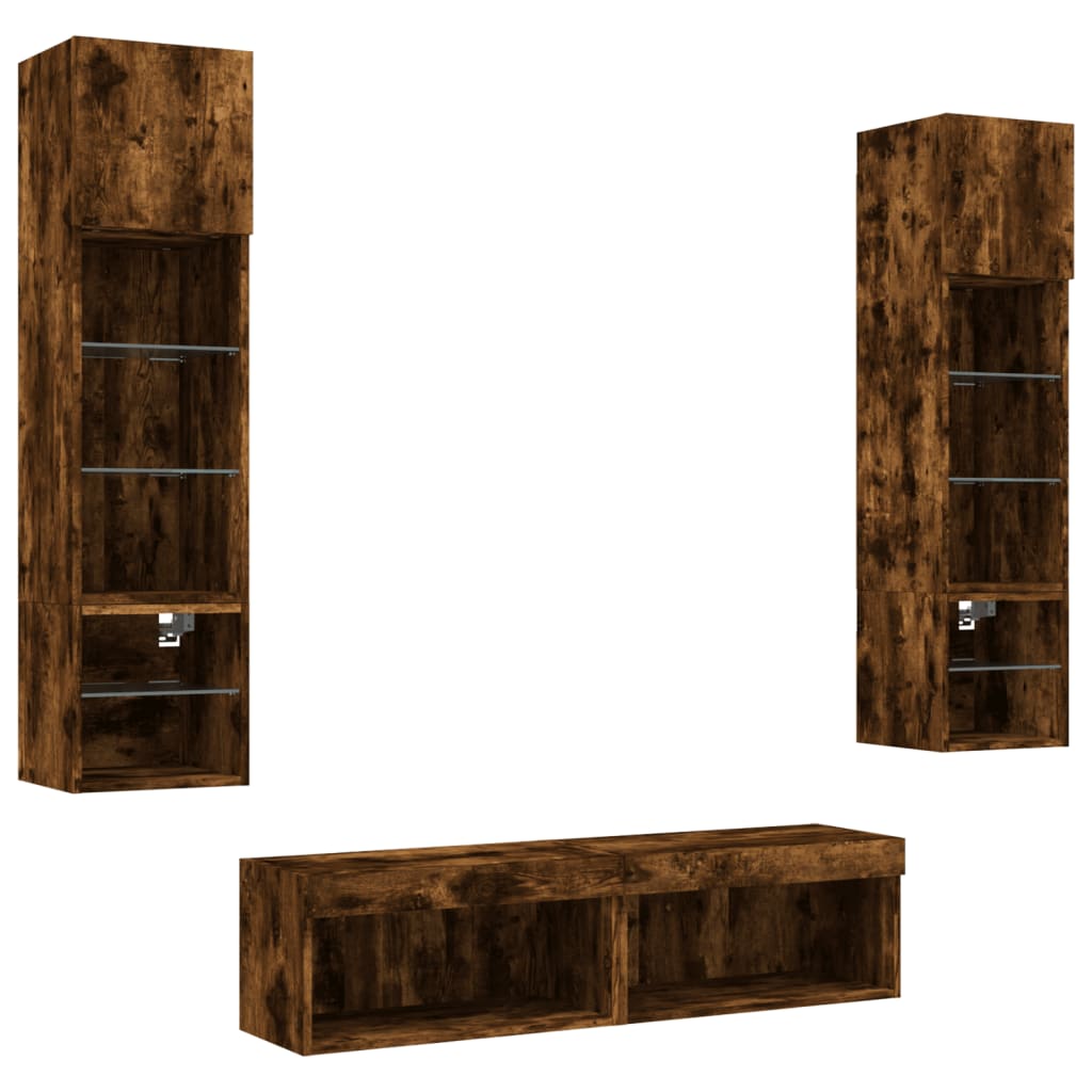 6-delige tv-wandmeubelset met LED bewerkt hout gerookt eiken – afbeelding 5