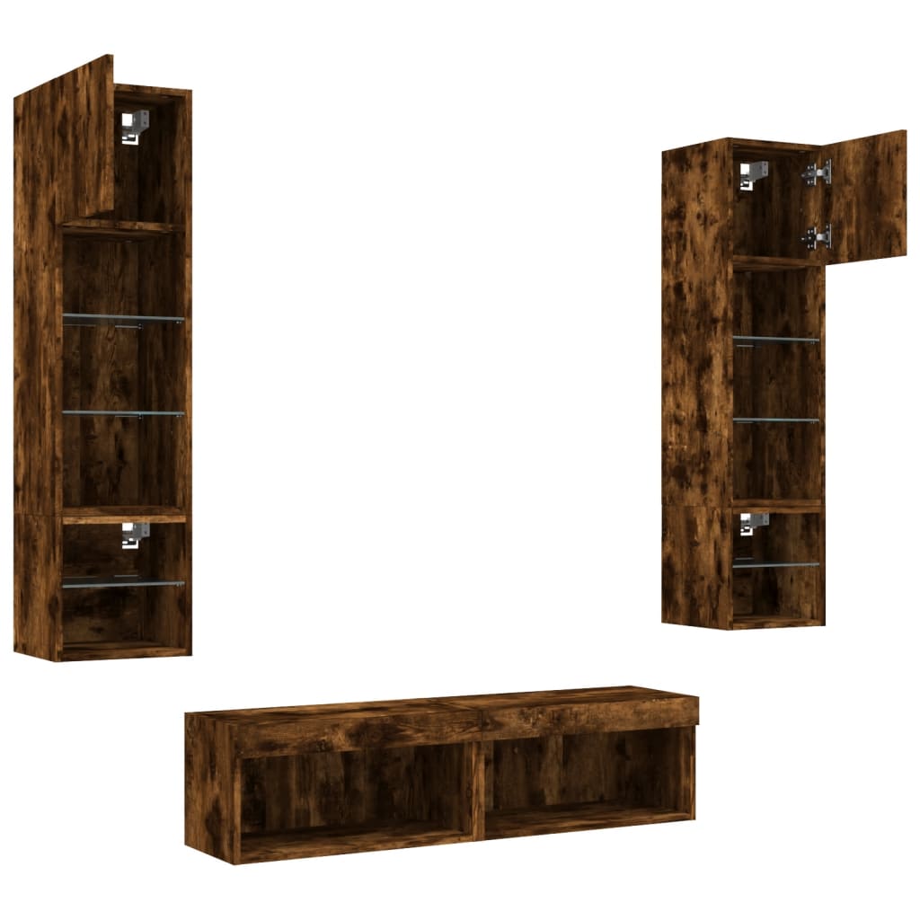6-delige tv-wandmeubelset met LED bewerkt hout gerookt eiken – afbeelding 6