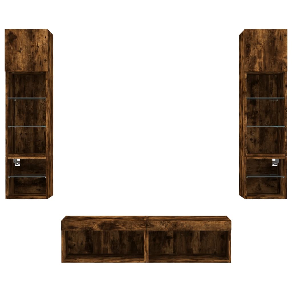 6-delige tv-wandmeubelset met LED bewerkt hout gerookt eiken – afbeelding 7