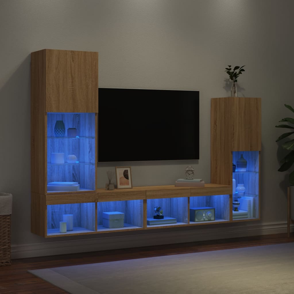 4-delige Tv-wandmeubelset met LED bewerkt hout sonoma eiken – afbeelding 1