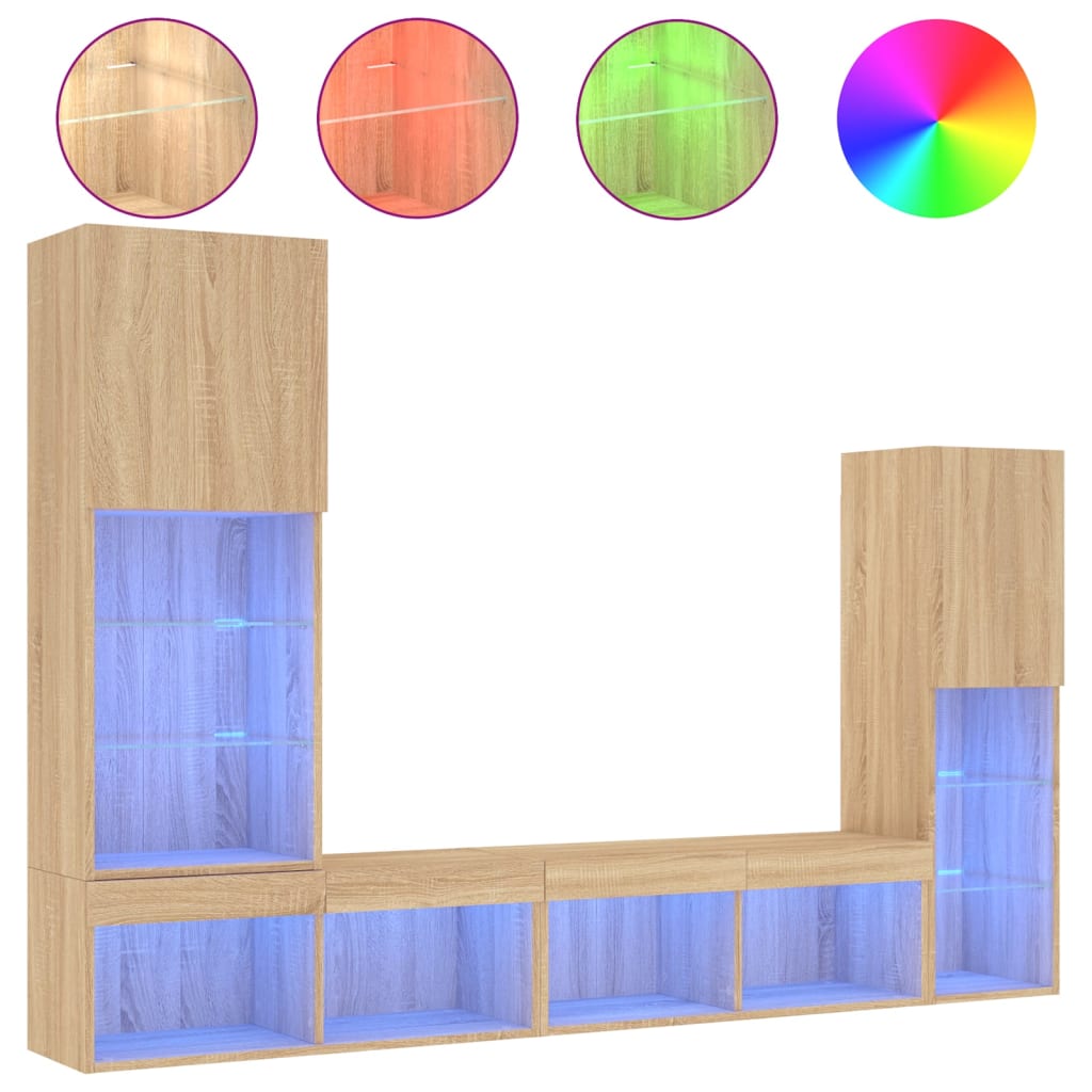 4-delige Tv-wandmeubelset met LED bewerkt hout sonoma eiken – afbeelding 2