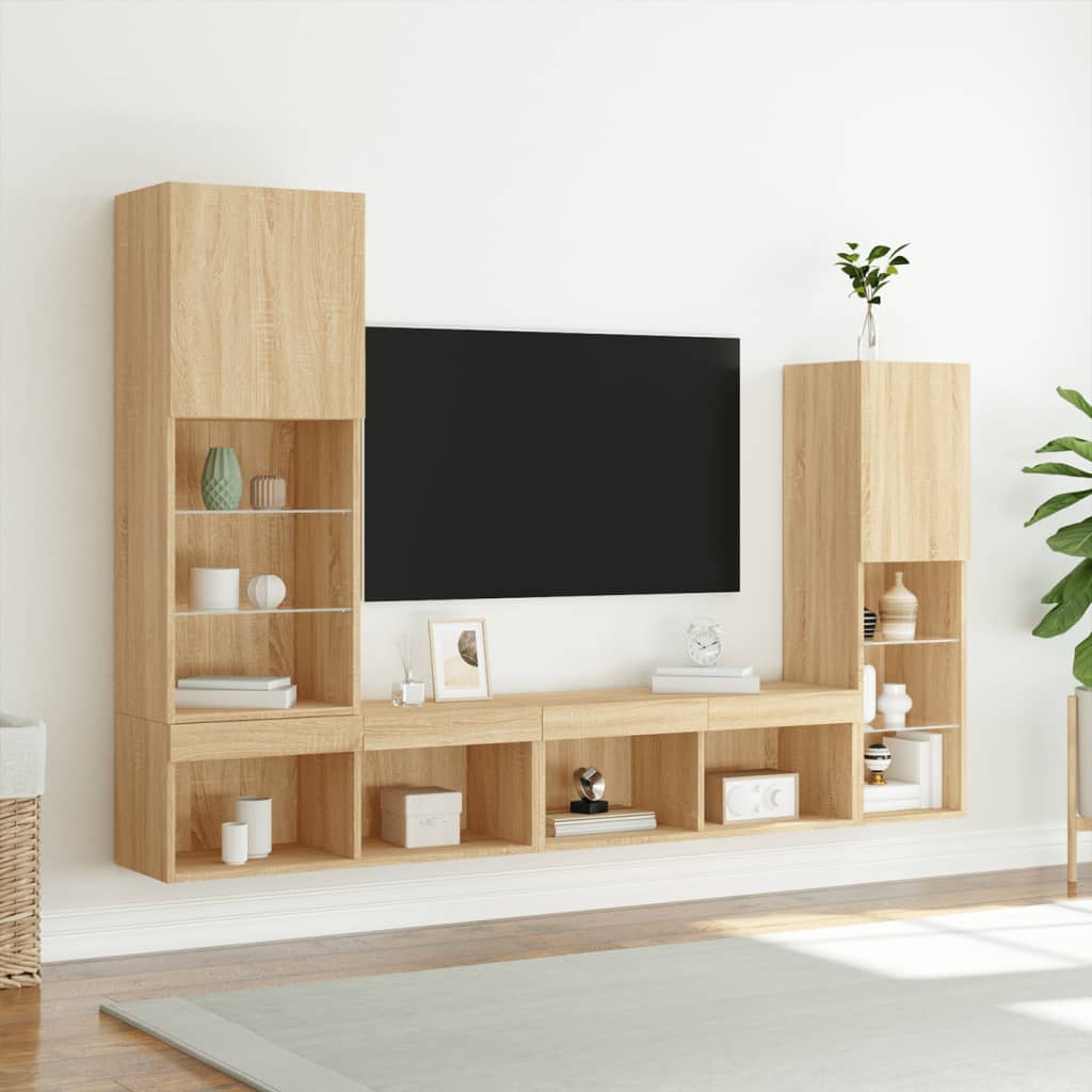 4-delige Tv-wandmeubelset met LED bewerkt hout sonoma eiken – afbeelding 4