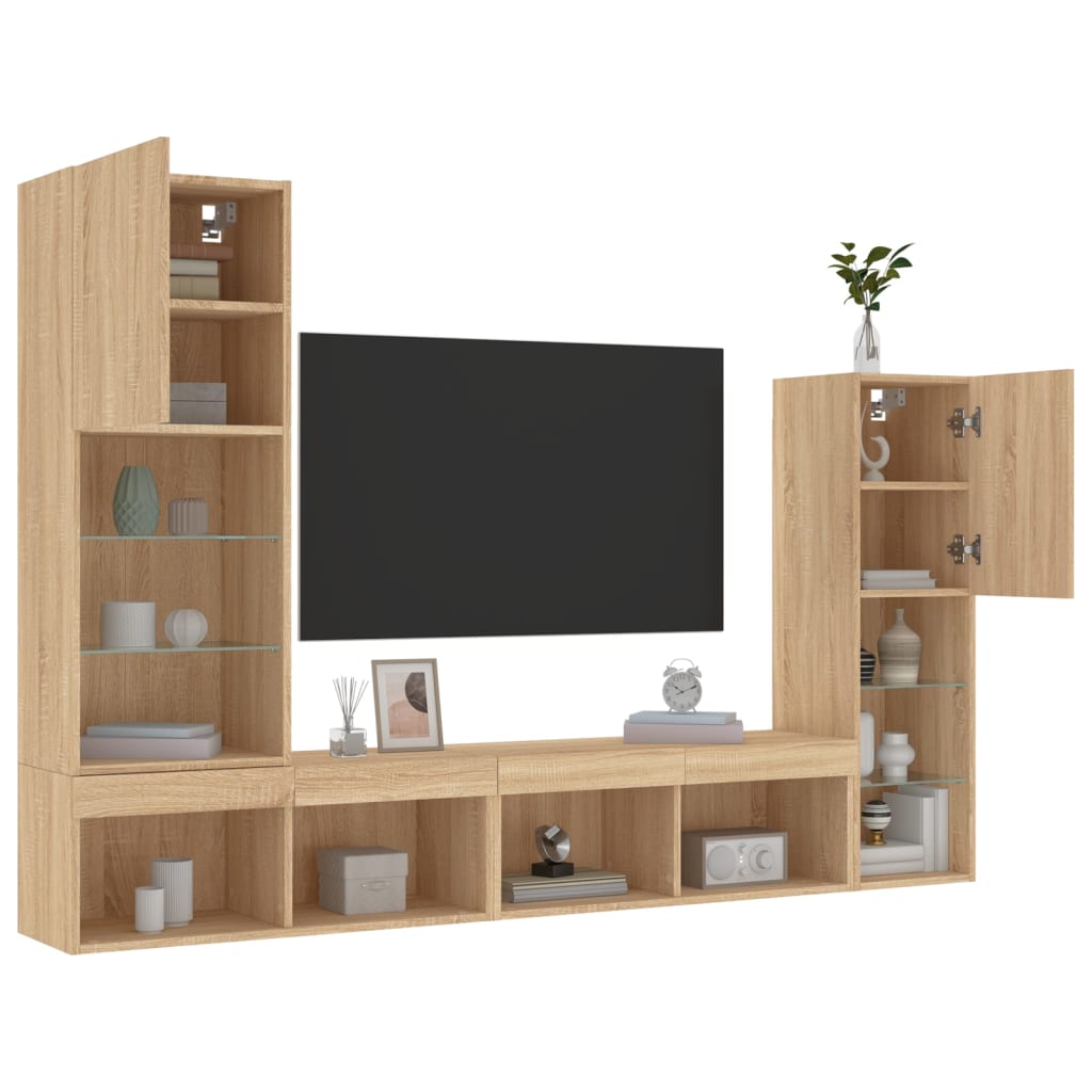 4-delige Tv-wandmeubelset met LED bewerkt hout sonoma eiken – afbeelding 5