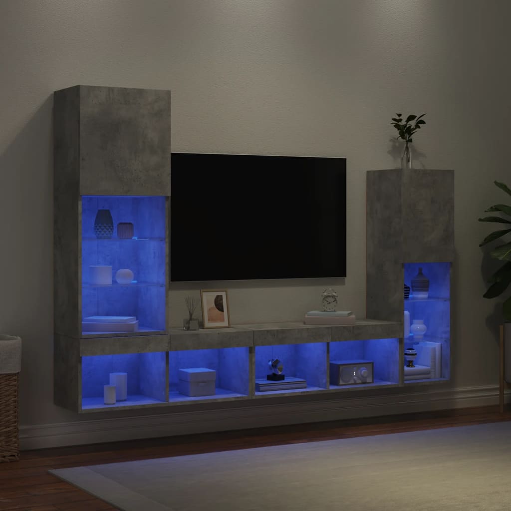 4-delige Tv-wandmeubelset met LED bewerkt hout betongrijs – afbeelding 1