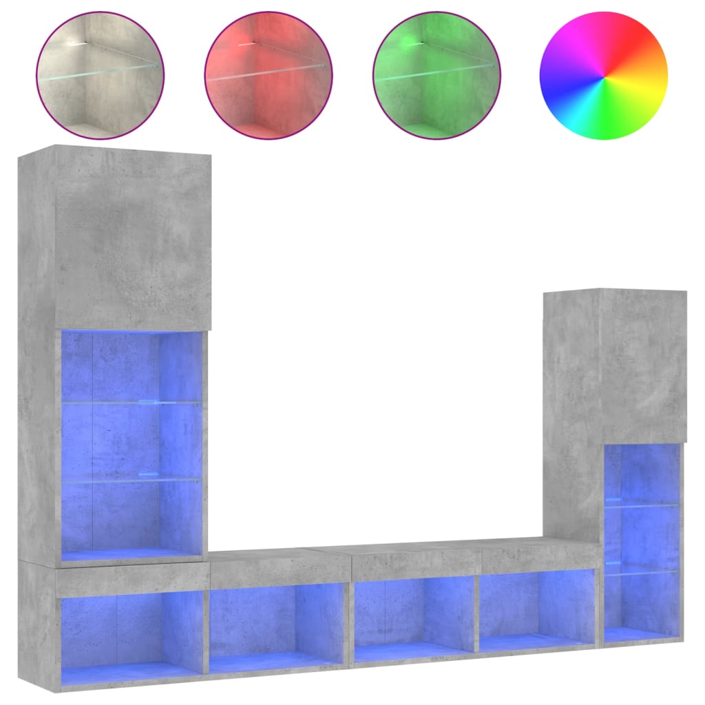 4-delige Tv-wandmeubelset met LED bewerkt hout betongrijs – afbeelding 2