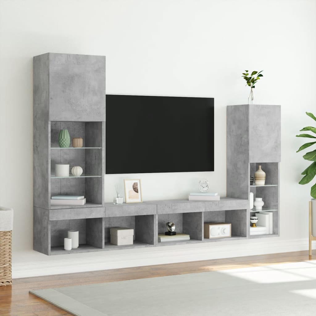4-delige Tv-wandmeubelset met LED bewerkt hout betongrijs – afbeelding 4