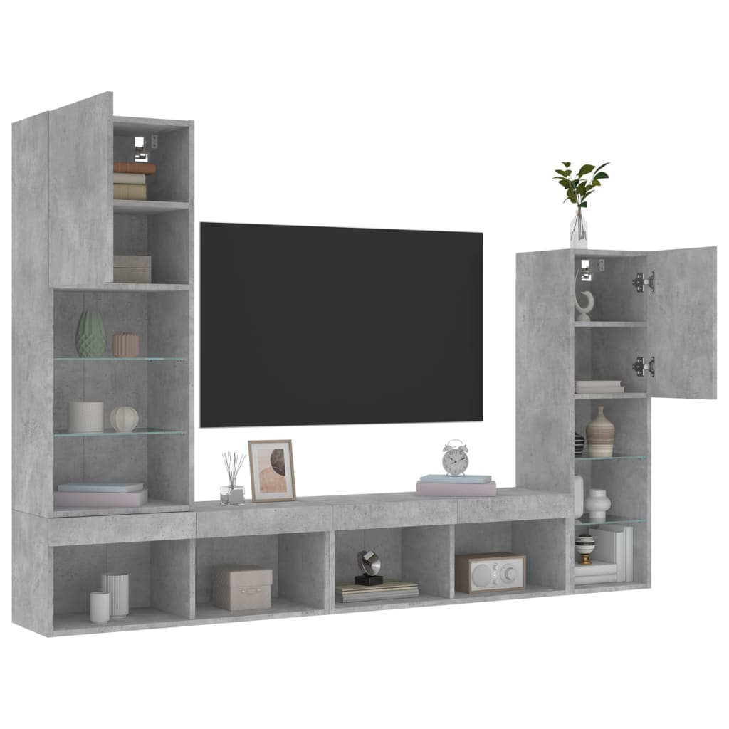 4-delige Tv-wandmeubelset met LED bewerkt hout betongrijs – afbeelding 5