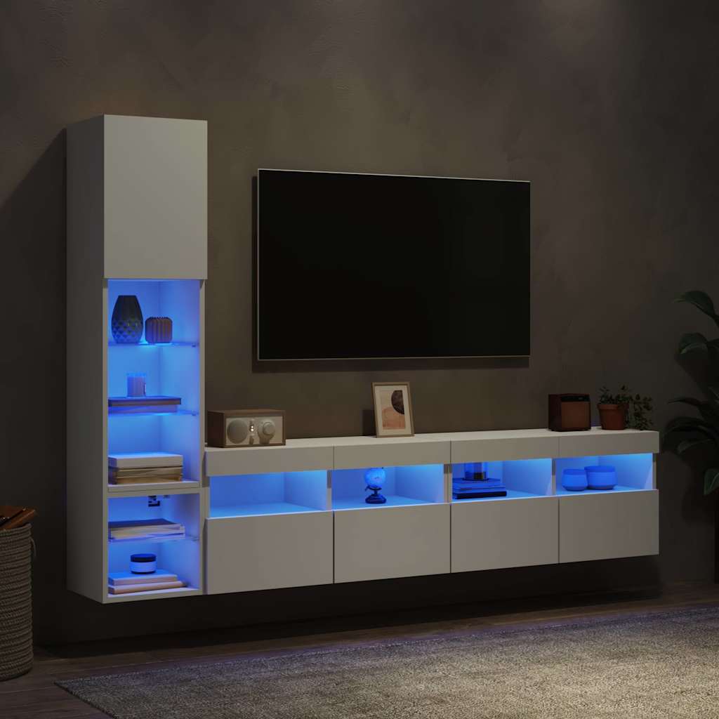 4-delige Tv-wandmeubelset met LED-verlichting bewerkt hout wit – afbeelding 1