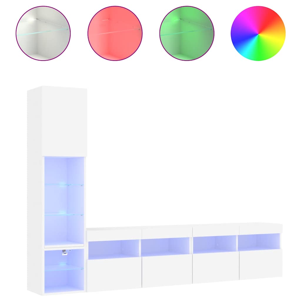 4-delige Tv-wandmeubelset met LED-verlichting bewerkt hout wit – afbeelding 2