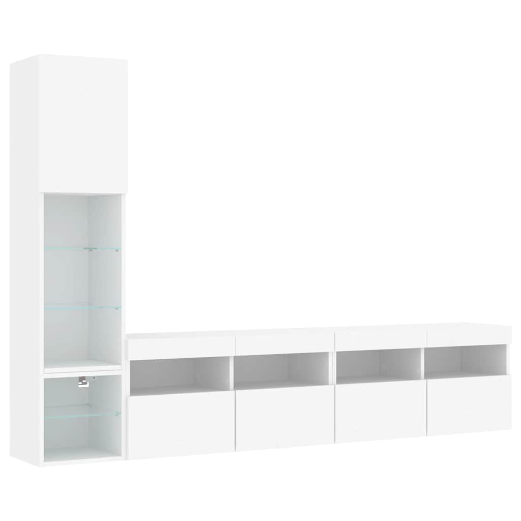 4-delige Tv-wandmeubelset met LED-verlichting bewerkt hout wit – afbeelding 3