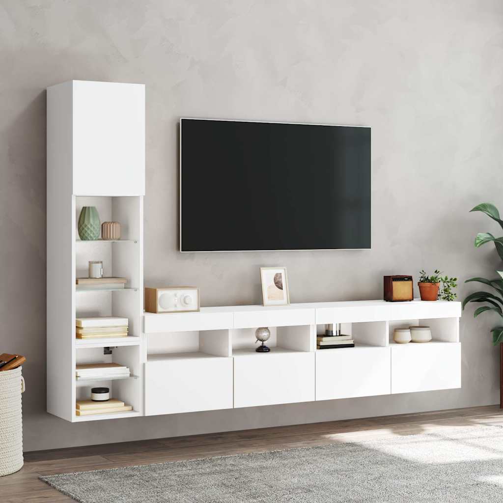 4-delige Tv-wandmeubelset met LED-verlichting bewerkt hout wit – afbeelding 4